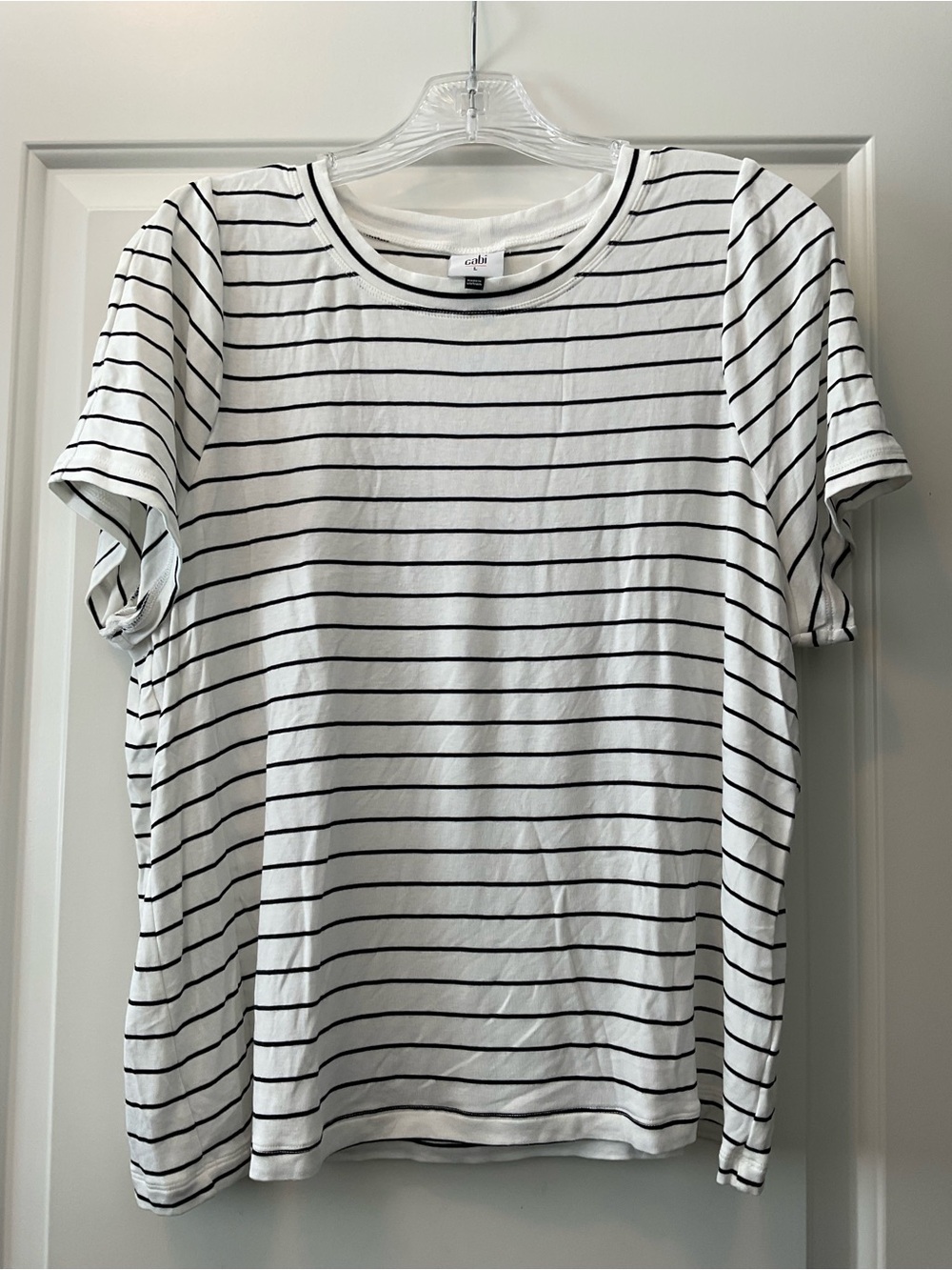 CAbi White Tee with Black Stripes - Crewneck Short Sleeve